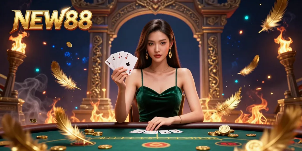 Engage in thrilling poker action at NEW88 with a stunning Asian dealer displayed against a dramatic casino backdrop.
