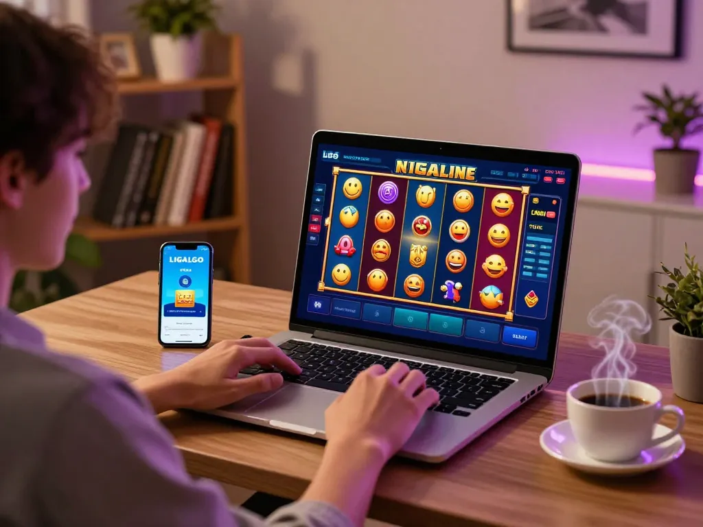 LIGALGO online slots gameplay displayed on a laptop, showcasing colorful reels and immersive gaming experience.