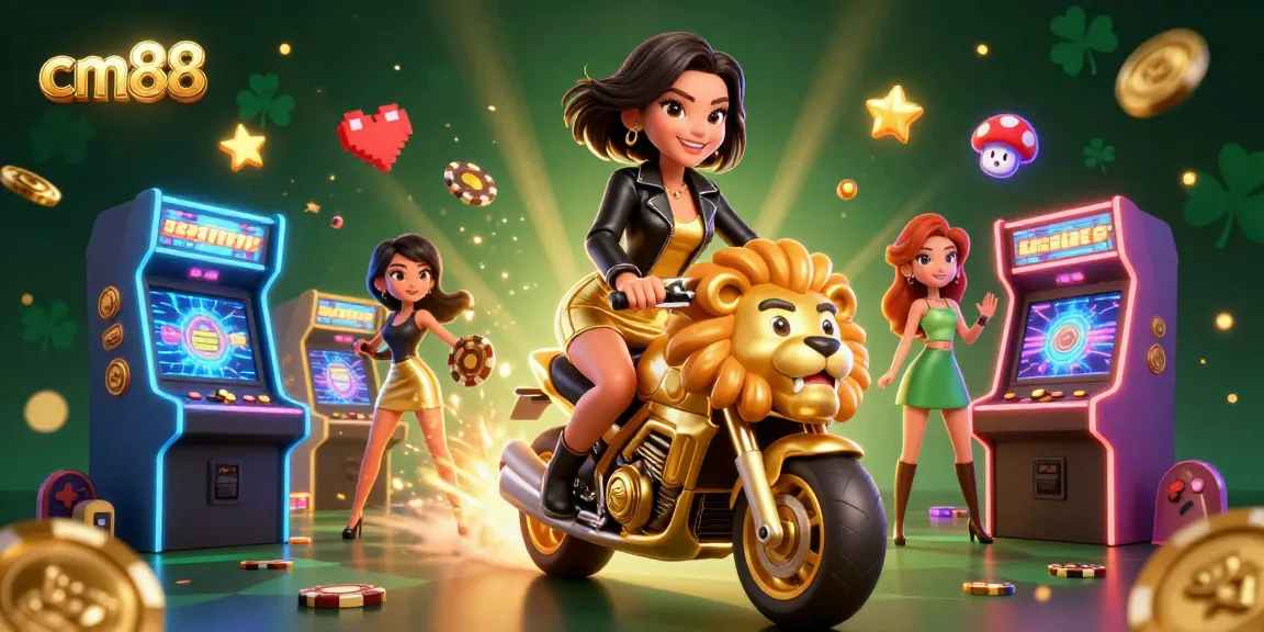 Experience the excitement of cm88 in a dazzling casino scene filled with neon lights and game elements.
