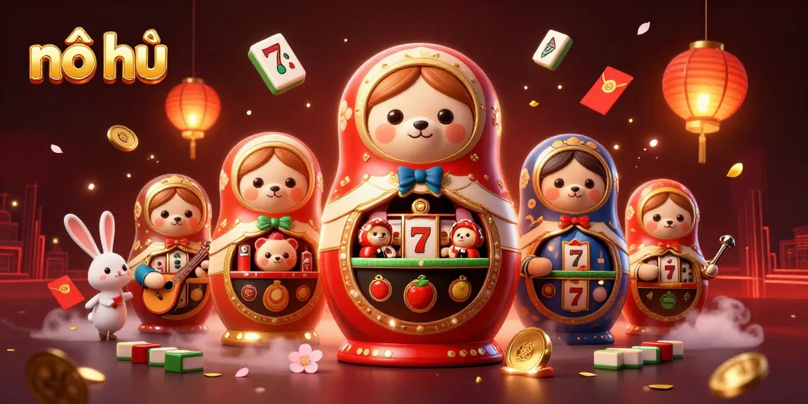 Engage with nổ hũ illustrated in a vibrant 3D scene filled with dynamic casino symbols and characters.