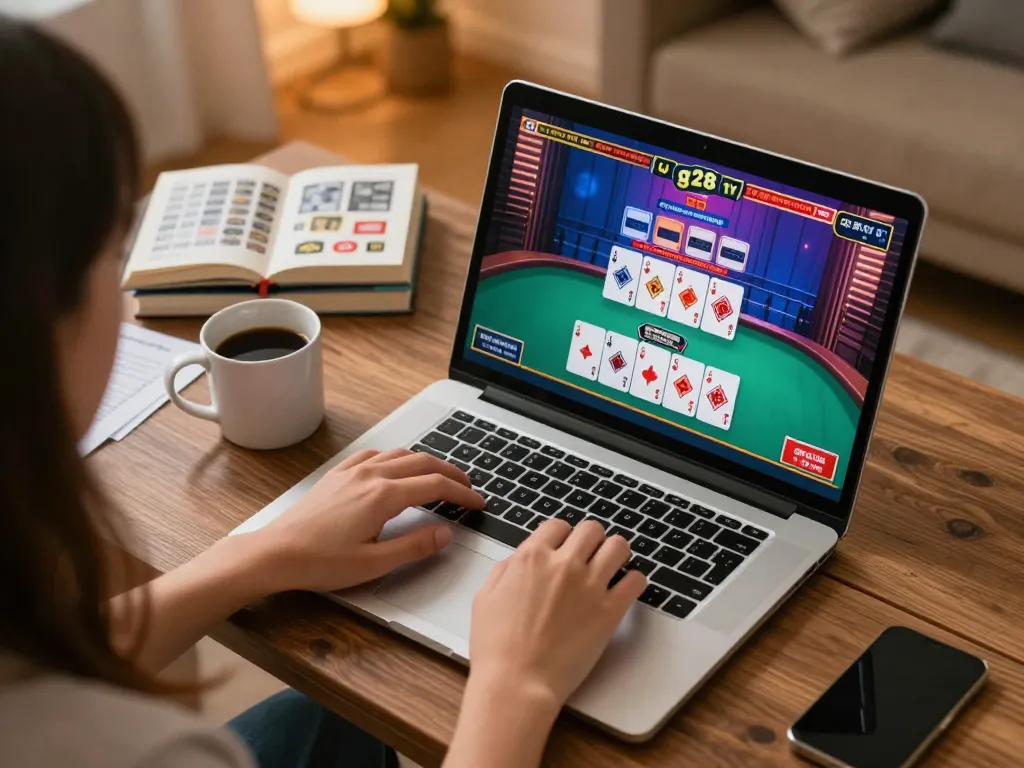 Engage with g28tv online poker strategies in a cozy home gaming setup featuring a laptop and cards.