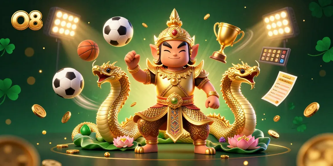 Experience the excitement of O8 with a vibrant 3D casino scene featuring dynamic sports elements and golden characters.