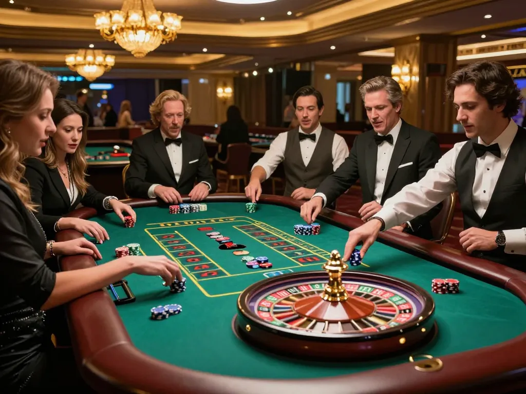 Players excitedly placing bets at the roulette table in a vibrant casino while enjoying ks4d games.