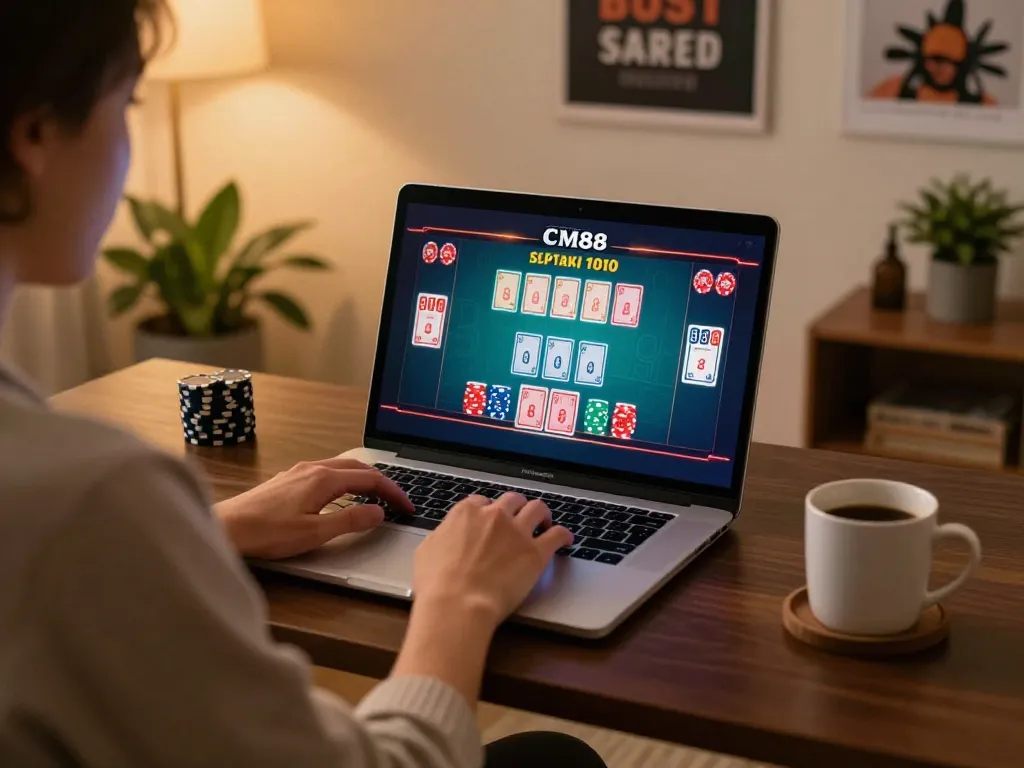 Engaging in CM88 online casino gaming on a laptop with live dealer cards displayed.