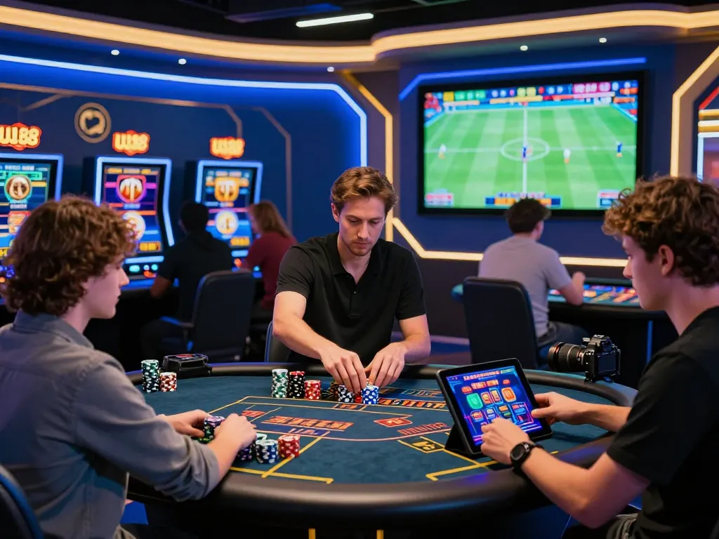 Thrilling online betting experience at UU88 with players engaging in diverse gaming activities in a vibrant, modern environment.