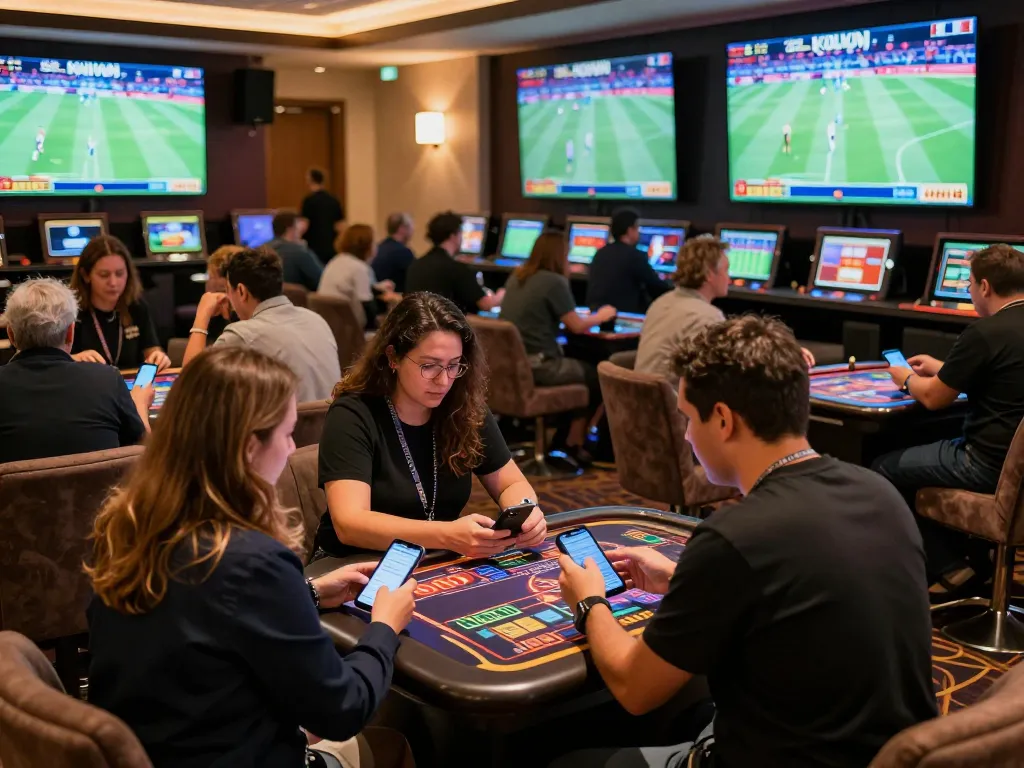Kuwin sports bettors eagerly placing wagers while watching live games on screens.