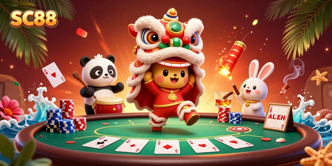 Engage with SC88’s exhilarating poker scene featuring animated lion dance characters celebrating wins.
