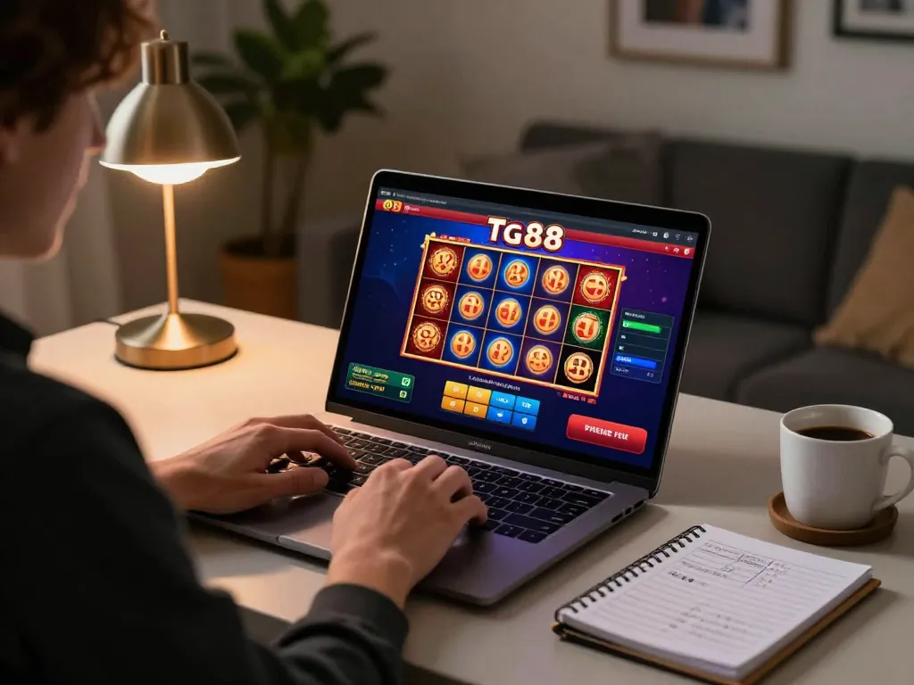 Engaged player using tg88 casino online interface with vibrant slot graphics in a cozy home setting.
