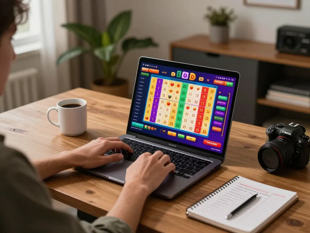 Engaging in lô đề online gaming at a modern home office setup with betting notes and coffee.