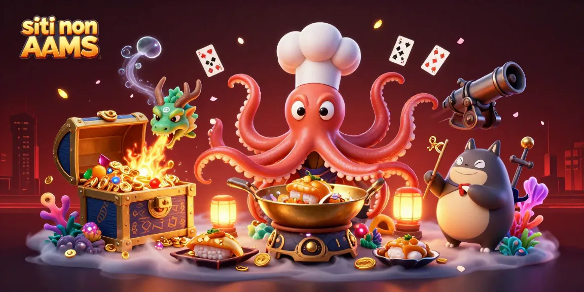 Goditi l'avventura con il chef polpo sui siti non AAMS, circondato da tesori ed elementi vibranti di casinò.