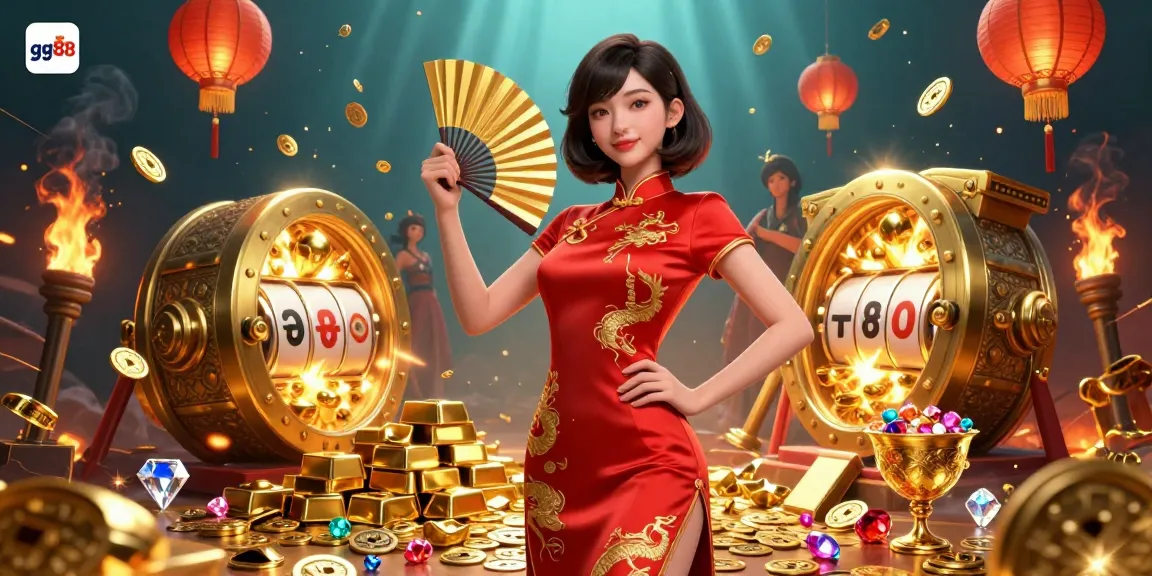 Engage in thrilling slots at gg88 with a confident woman in a qipao surrounded by gold and treasures.