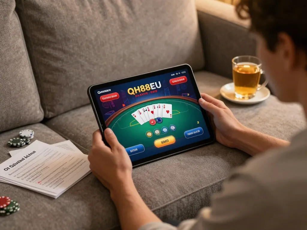 Player strategizing in online casino using QH88EU app on tablet in cozy home