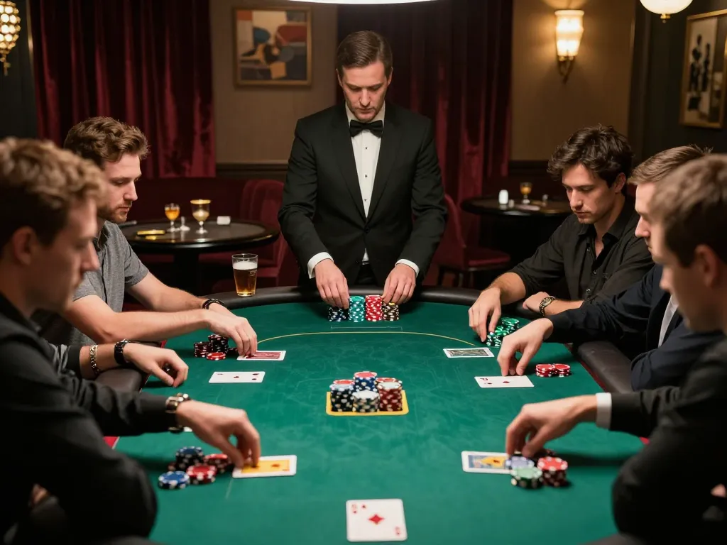 Players engage in a strategic poker game at HM88's upscale private casino, chips and cards in focus.