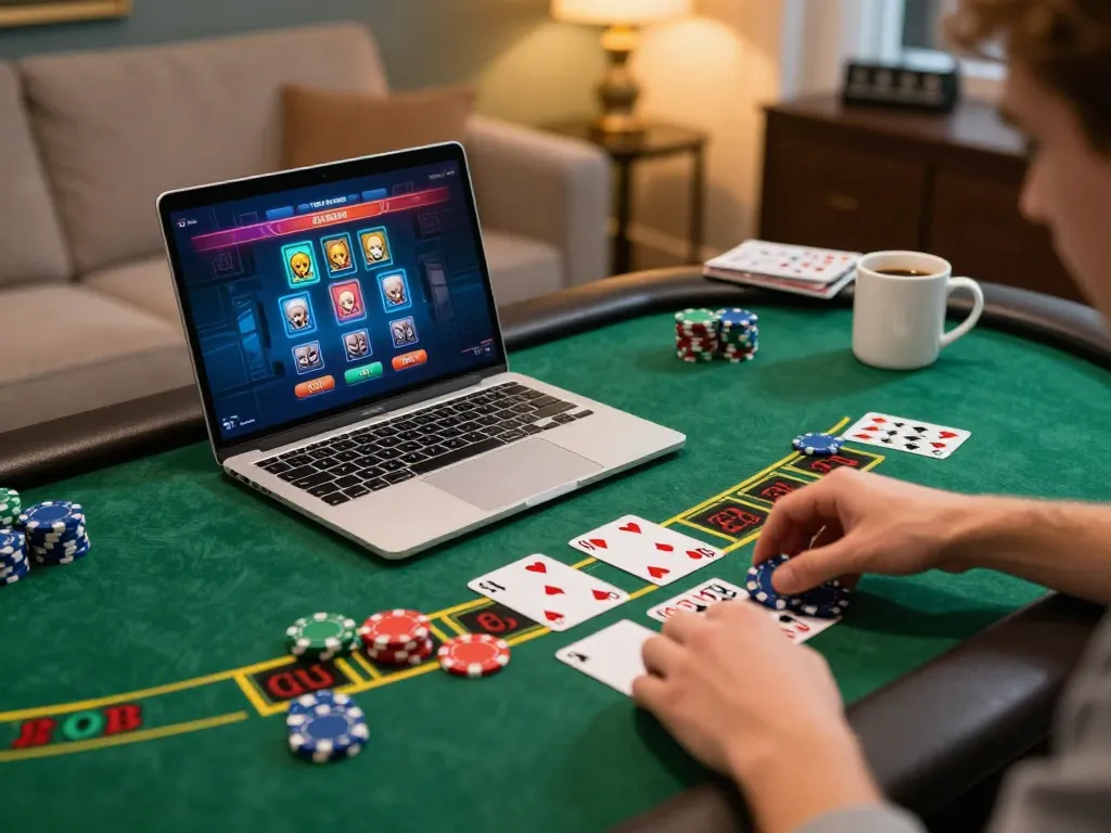 Player enjoys online blackjack at home on Hi88's platform, focusing on gameplay and strategy.
