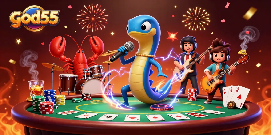 Spin and win at god55 with electric eel DJ, lobster drummer, and seahorse guitarist in a vibrant casino scene
