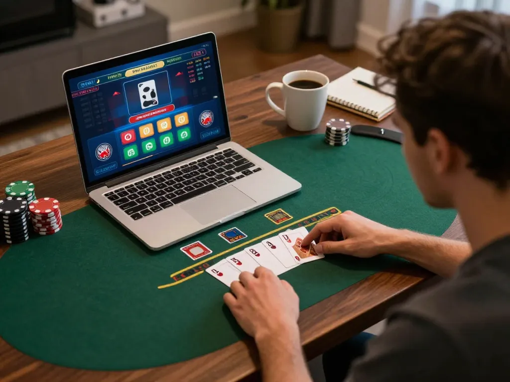 Player engaging at go99com online blackjack table from cozy home setup, showcasing strategic gameplay.