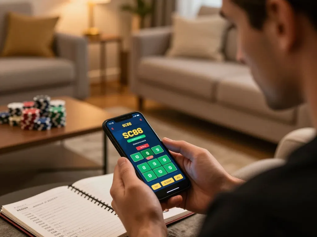 Player strategically engaging with the SC88 app on their smartphone in a cozy home setting.