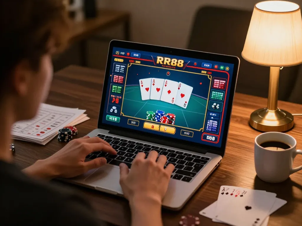 Person enjoying RR88 online poker game on a laptop, showcasing strategy notes and coffee in cozy setting.