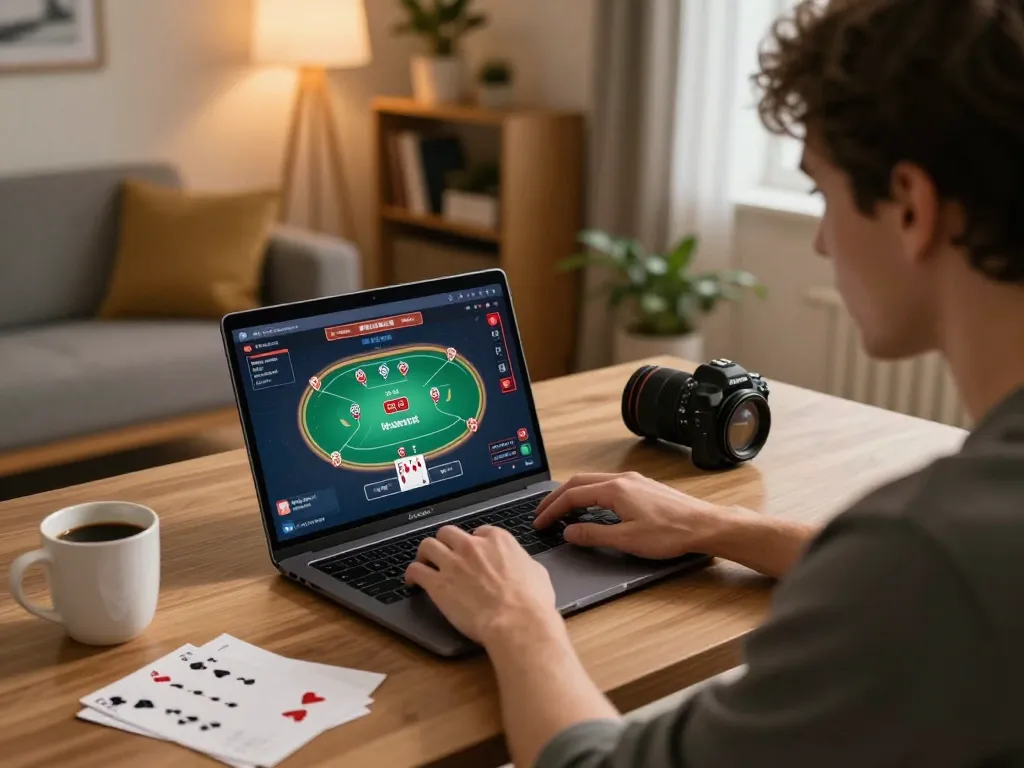 Engaging online poker gameplay scene with SC88 strategy notes and modern home setting