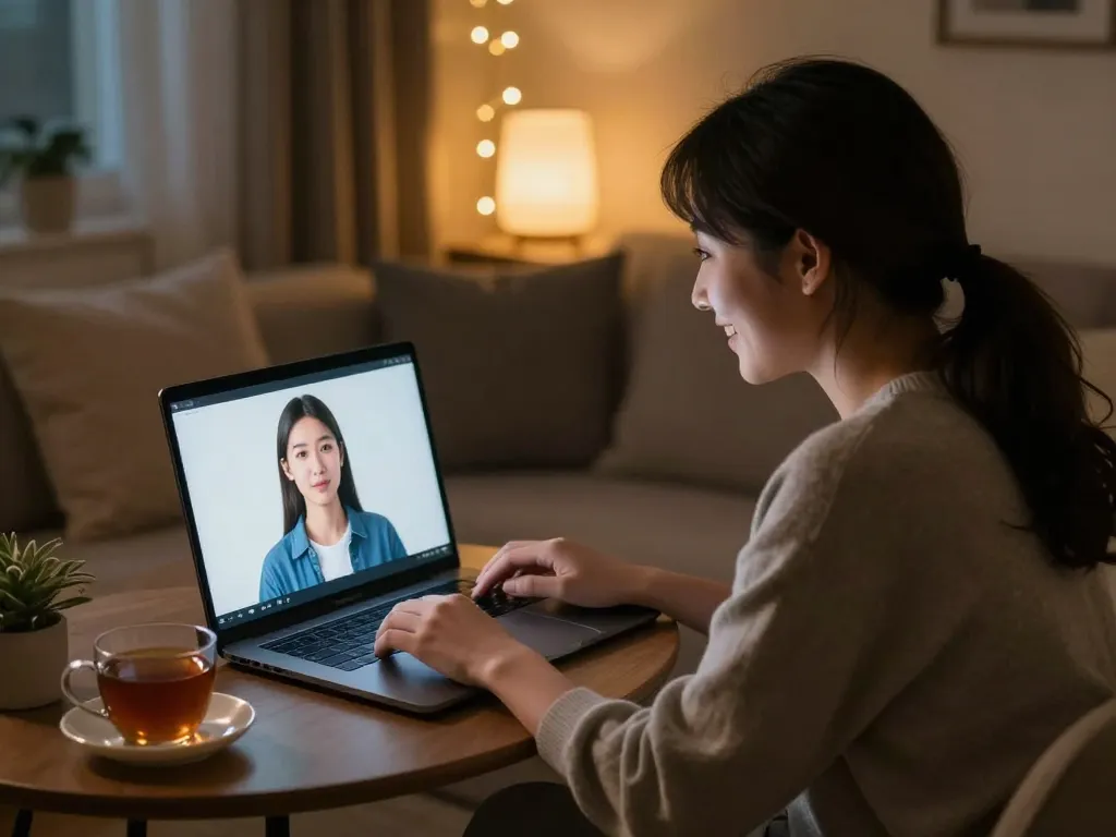 Engaging in ai sex chat on a laptop in a cozy room, showcasing digital companionship.