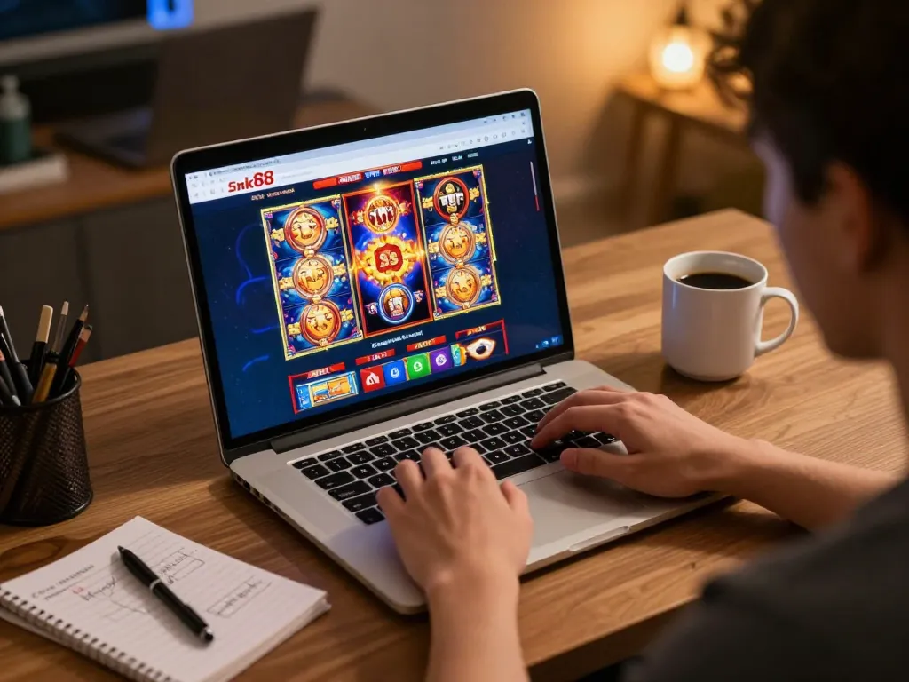 Player engaged in online casino gaming on snk88, featuring vibrant slot games on screen with cozy ambiance