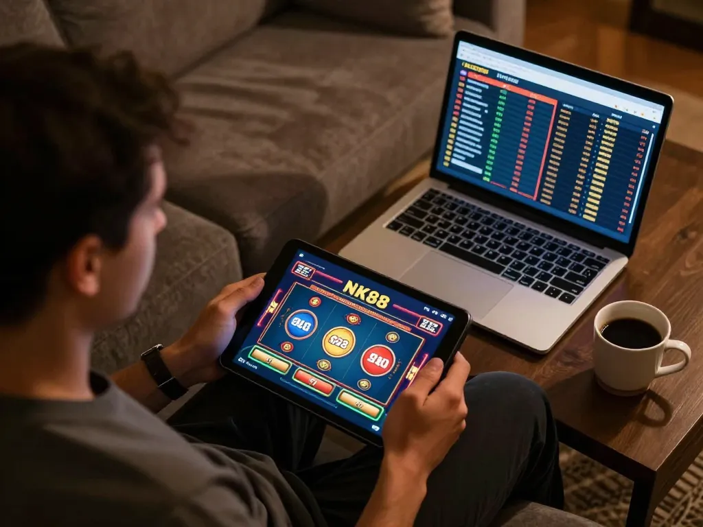 Player strategizing on NK88 online casino from home using a tablet and laptop