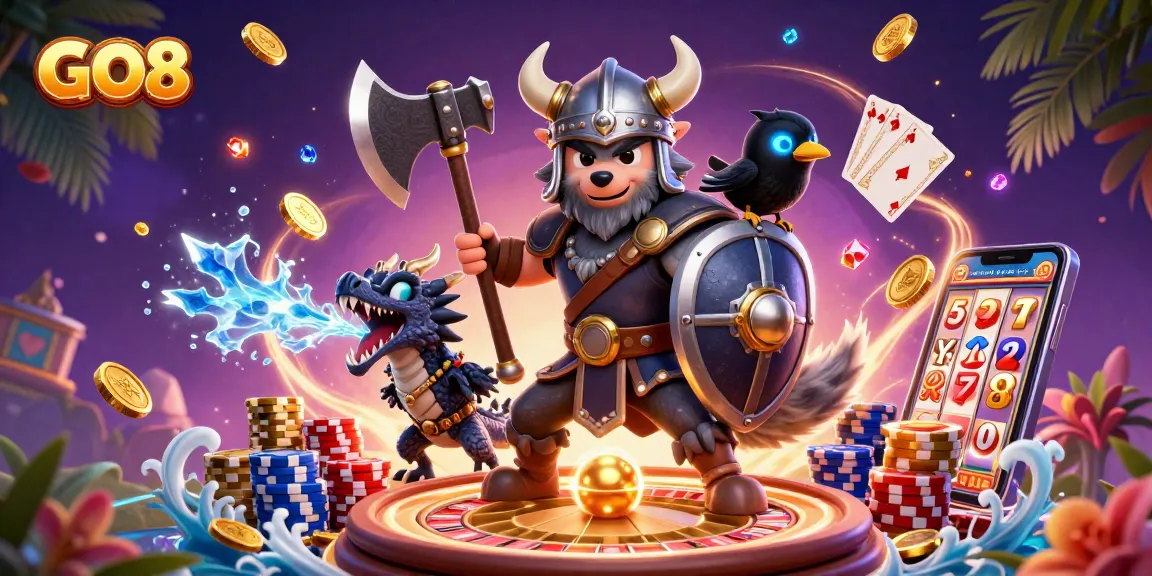 Win big at GO8 with a vibrant 3D casino scene filled with dynamic characters and game elements.