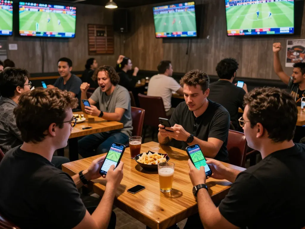 Exciting sports betting scene showcasing live game analysis and tỷ lệ kèo nhà cái in a vibrant sports bar atmosphere.