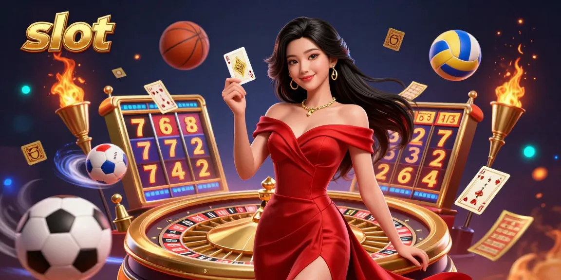 Spin big on slot games featuring a beautiful Asian woman in a red gown, golden poker card, and dynamic elements.