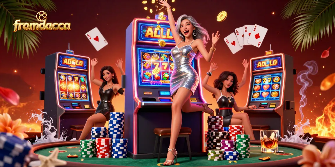 Experience winning with fromdacca at an exciting slot machine, glowing jackpot and vibrant casino ambiance.