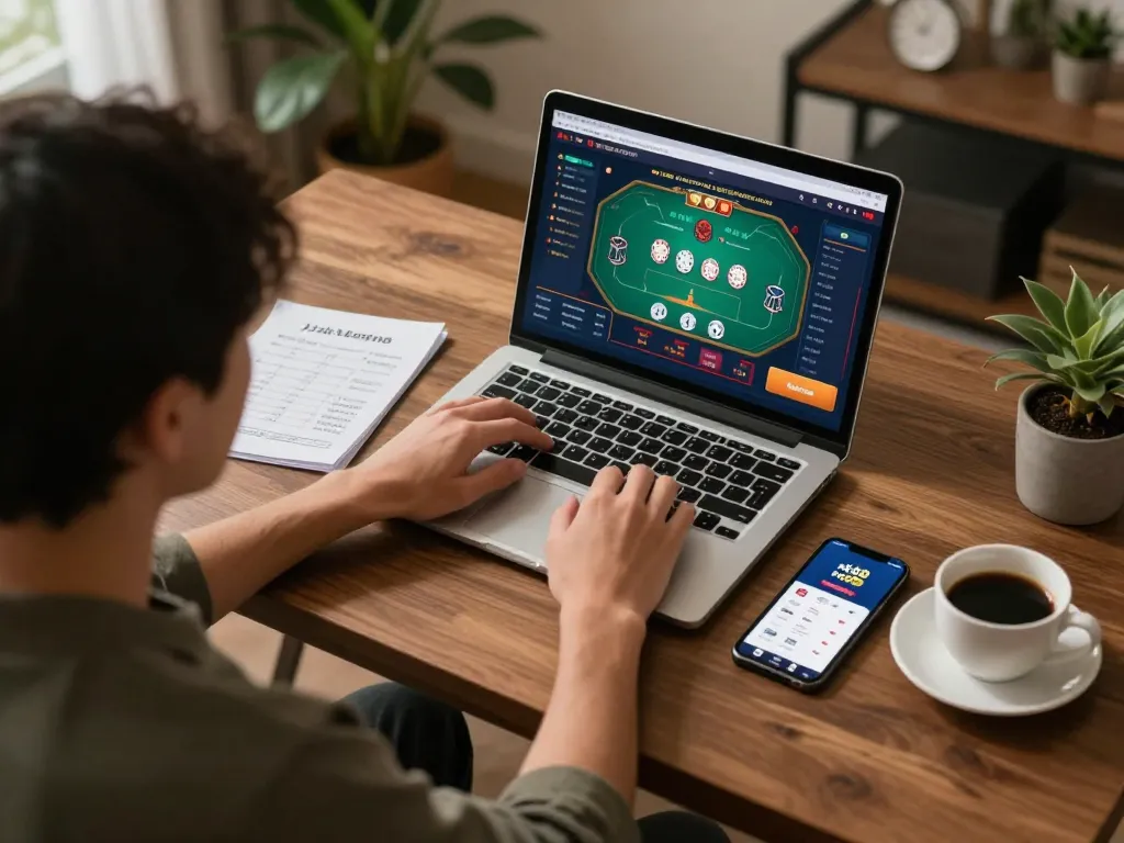 Play nk88 poker online with engaging gameplay and notes in a cozy home office.