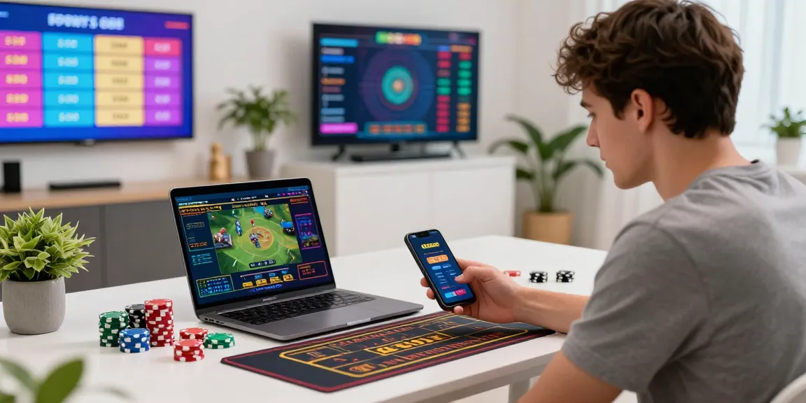 A person interacting with the XOSO66 app in a vibrant gaming atmosphere, surrounded by casino elements.