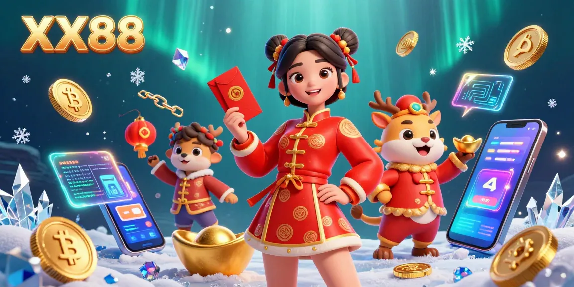 Participate in the exciting XX88 gaming experience with vibrant Lunar New Year symbols and dazzling crypto elements.