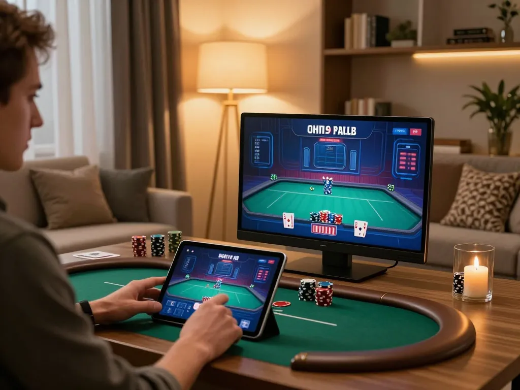 Player engaging with LGOLUX online poker game on tablet in a luxurious home setting