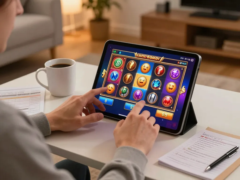Pemain Pandawin menikmati grafik slot 3D HD yang cerah di tablet, menampilkan kegembiraan permainan online