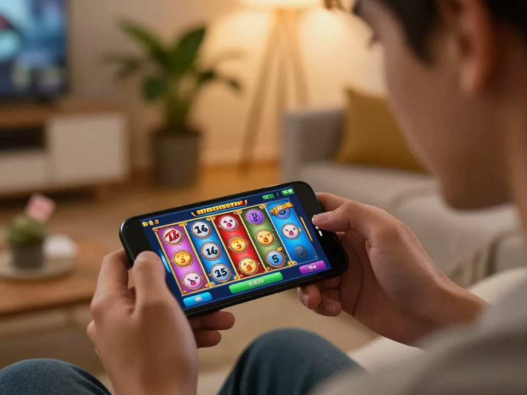 Engaging in kdslots mobile gaming experience with smartphone displaying vibrant slot reels