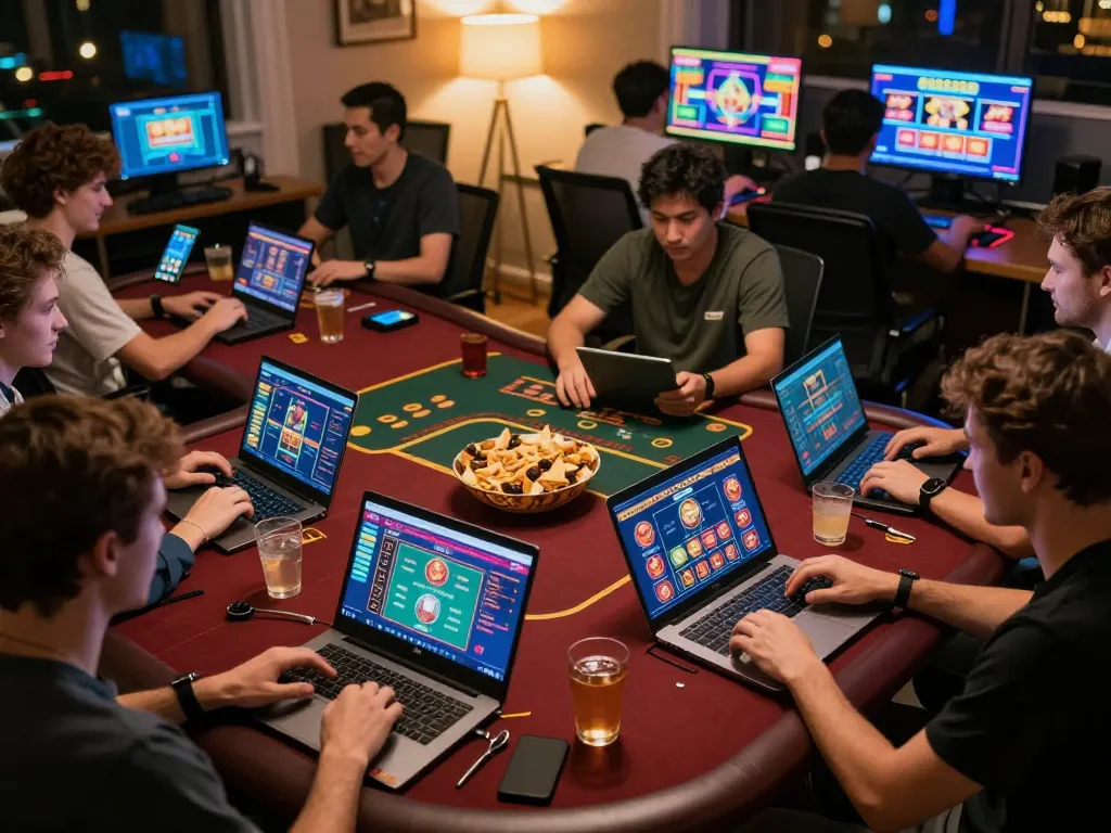 Players enjoying xx88 online casino games on laptops in a cozy home gaming setup