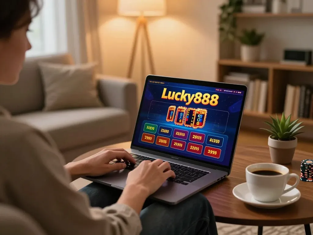 Engaged player enjoying lucky888 online casino gaming on a sleek laptop in a cozy setting.