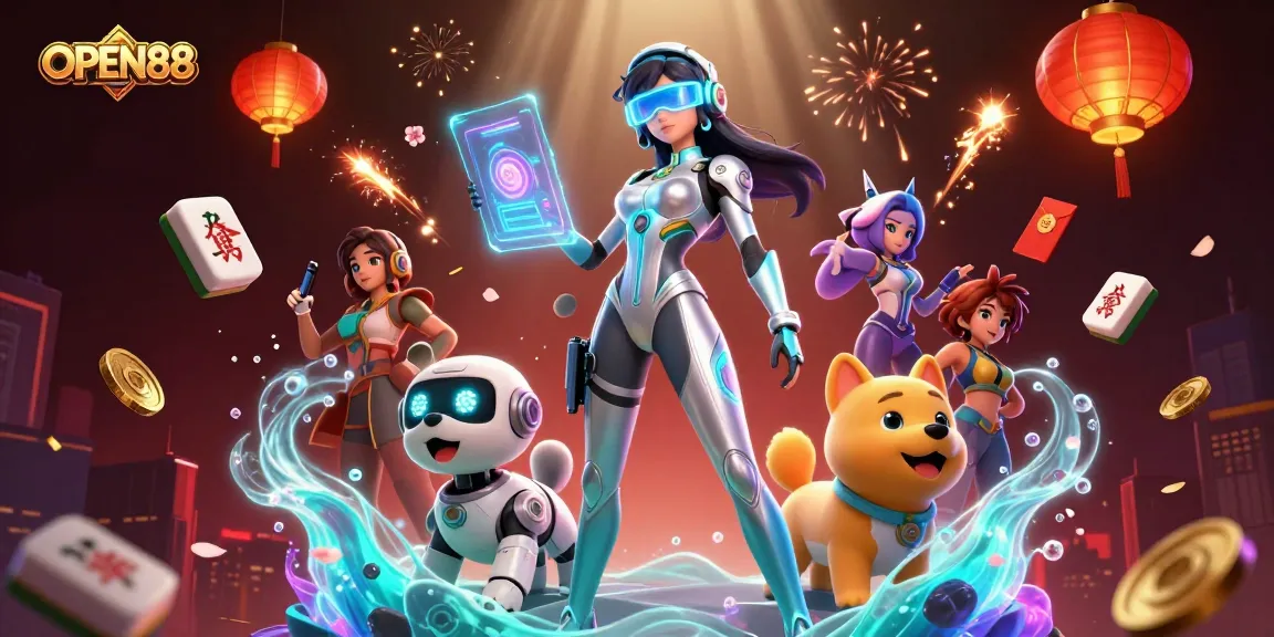 Experience the vibrant world of OPEN88 with a holographic casino interface and dynamic characters.