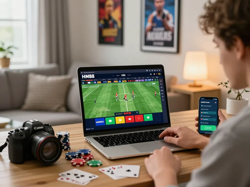 Engaging online gambling experience with HM88 betting platform on laptop surrounded by gaming props.