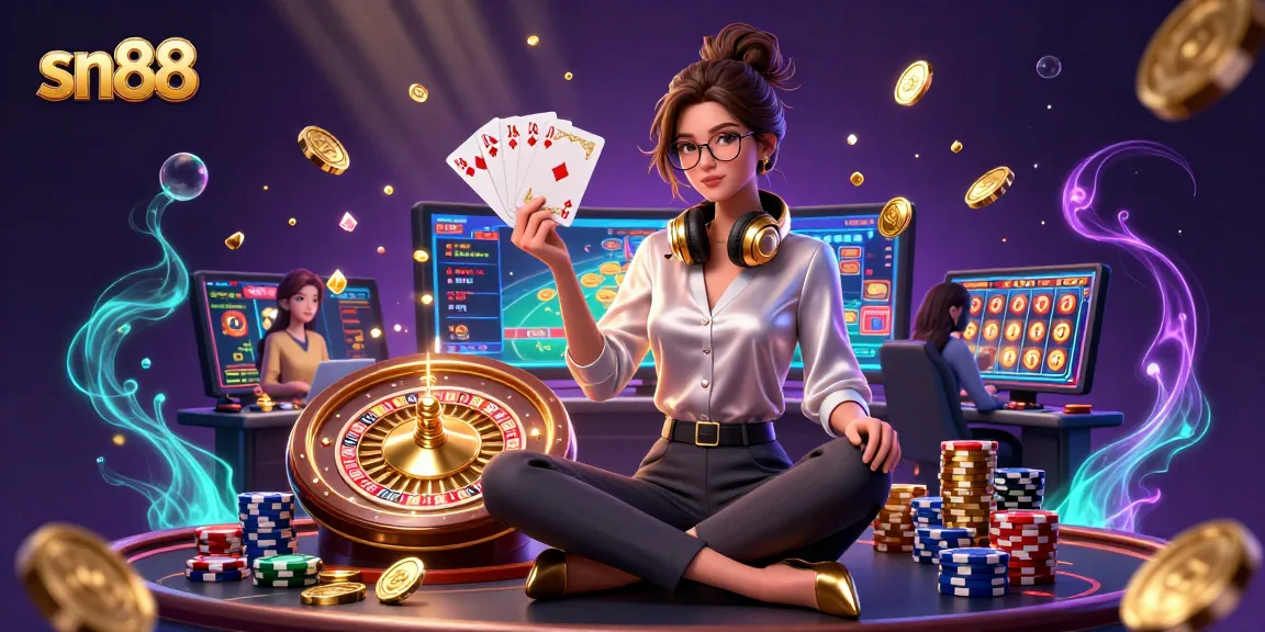 Experience the thrill of sn88 gaming with an elegant woman at a high-tech casino setup.