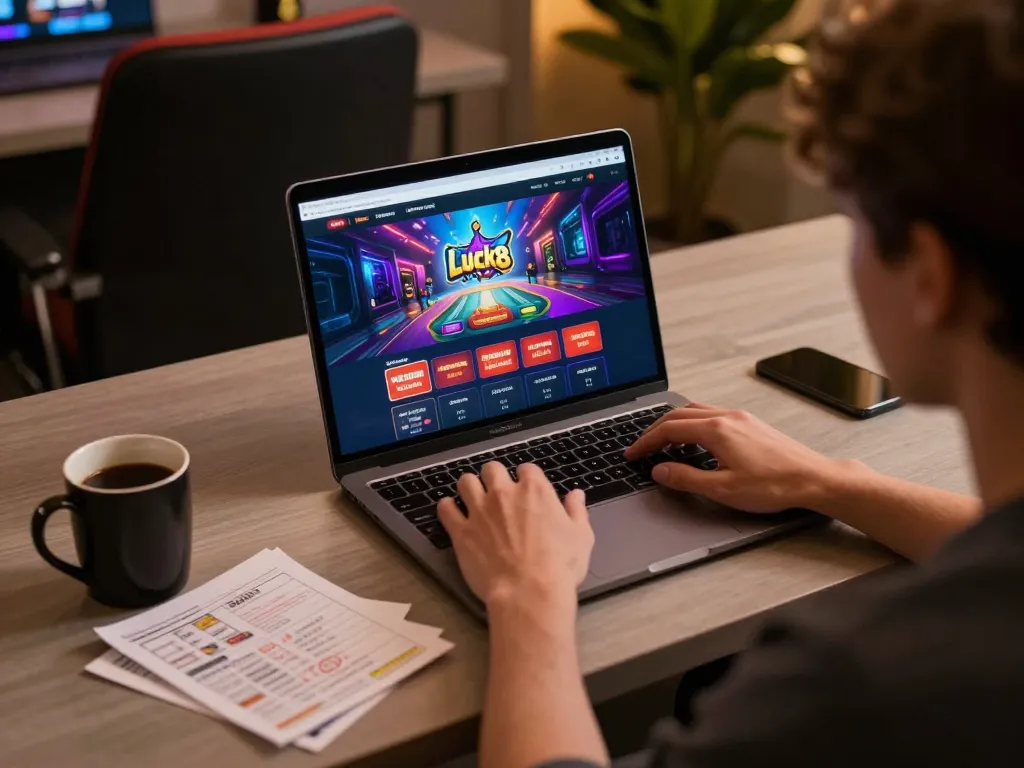 Engaging with Luck8 online gaming platform on a laptop, featuring vibrant casino interfaces and cozy atmosphere