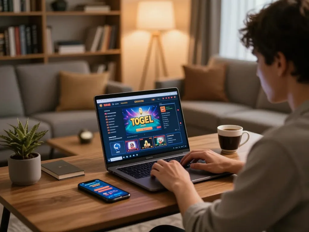 Engaged player using togel online platform on laptop in inviting home setting.