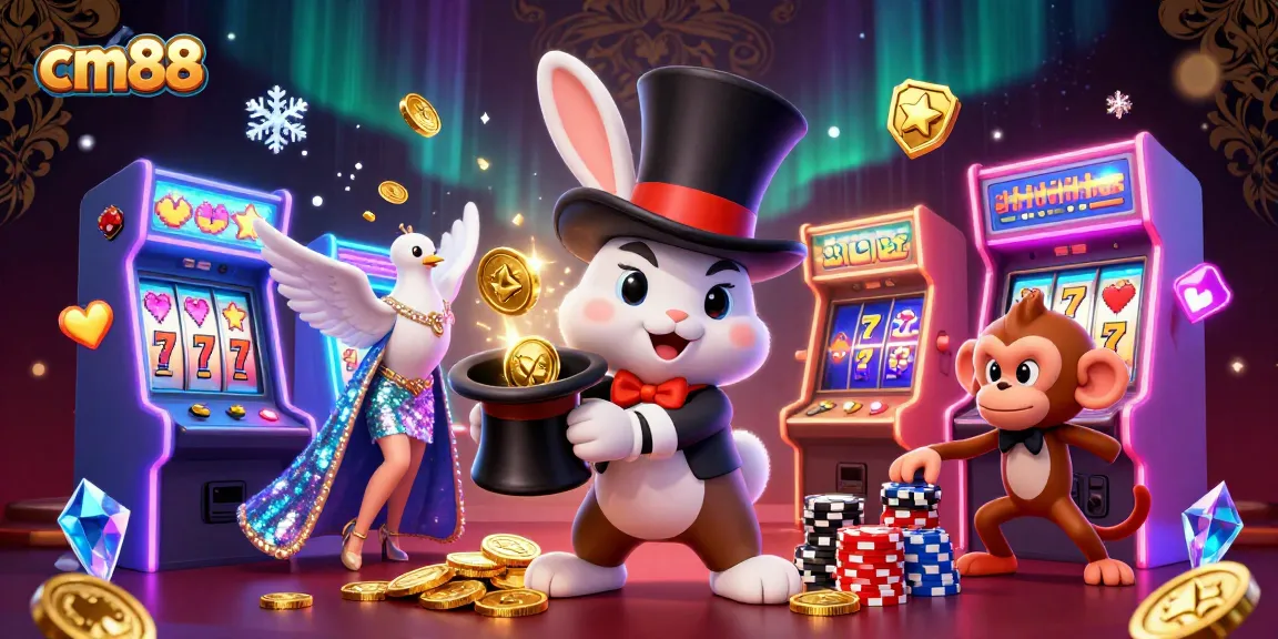 Experience cm88's vibrant 3D casino magic with a rabbit, dove, and monkey amidst colorful game elements.