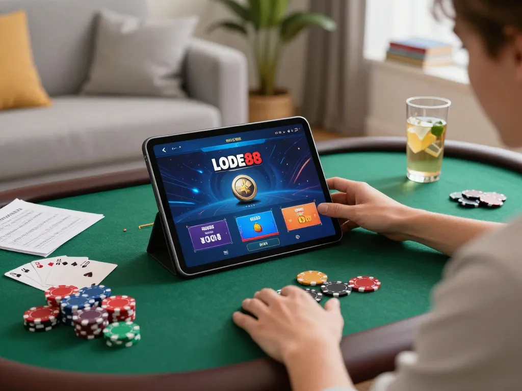 Person enjoying LODE88 online gaming on tablet with cozy home setting and strategic notes.