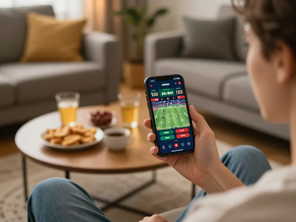 Engaging in sports betting on a mobile app at home, showcasing aa88i's online gaming experience.