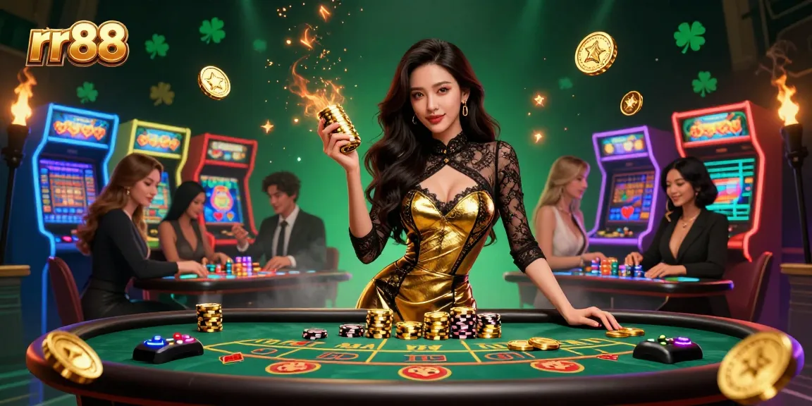 Win big at rr88 with this vibrant illustration depicting a glamorous woman at a VIP casino table.