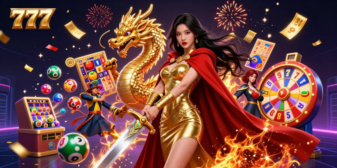 Experience 777 excitement with a warrior queen and golden dragon in a vibrant casino scene.