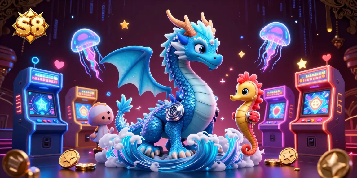 Experience S8's exciting casino atmosphere with a vibrant dragon, knight, and jellyfish.