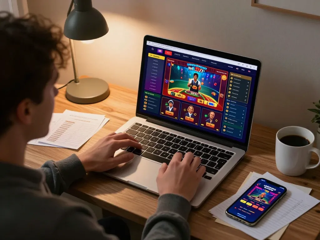 Pemain terlibat menggunakan aplikasi kasino online dengan antarmuka kiu77 di laptop dalam suasana rumah yang nyaman.